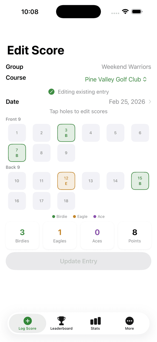 Log Score — tap holes to record birdies, eagles, and aces