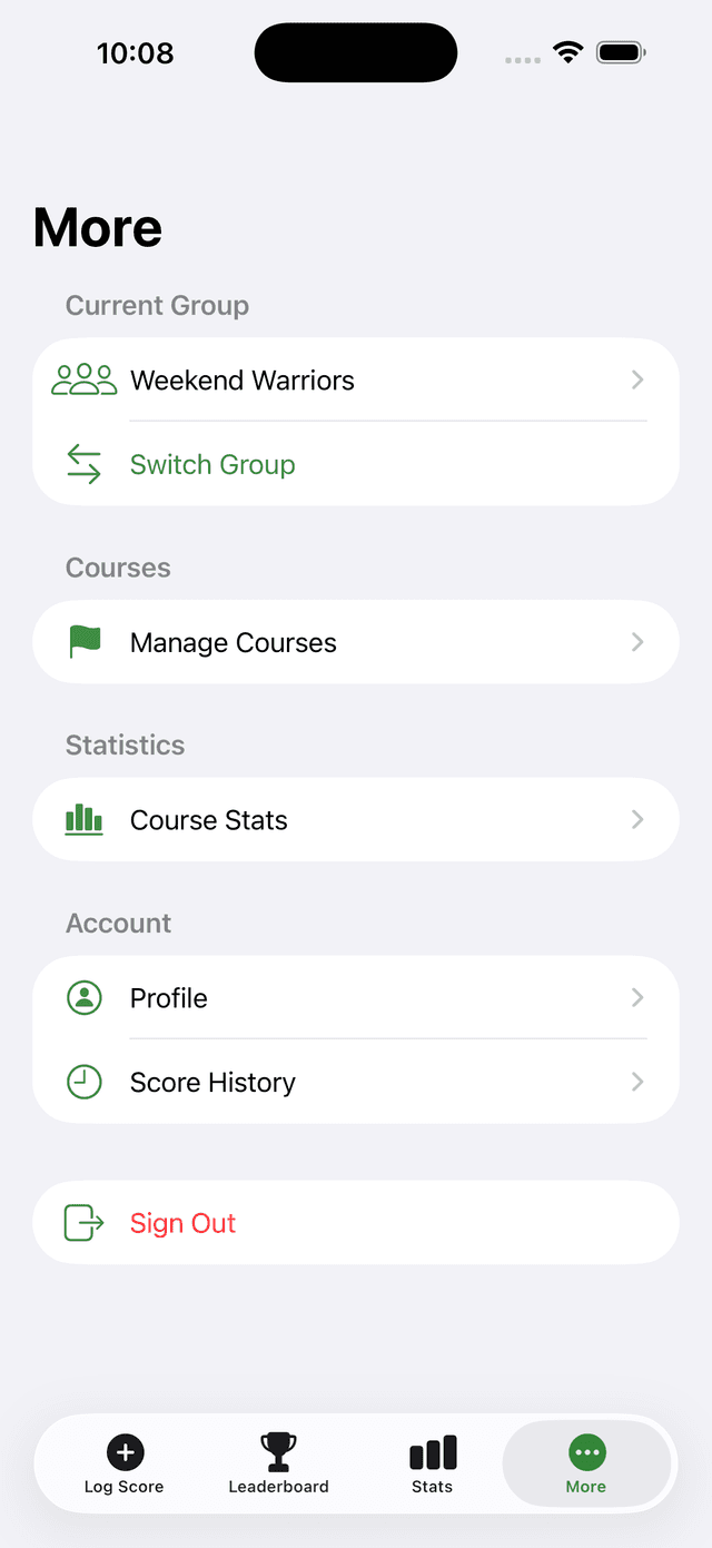 More menu with group, course, and account options