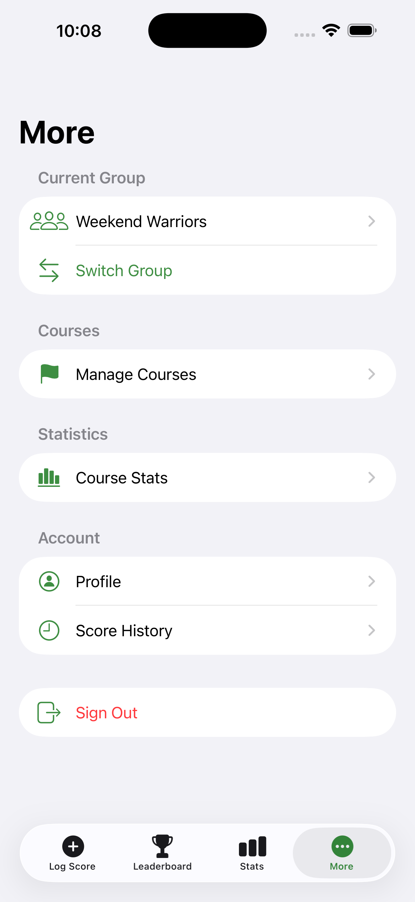 More menu with group, course, and account options