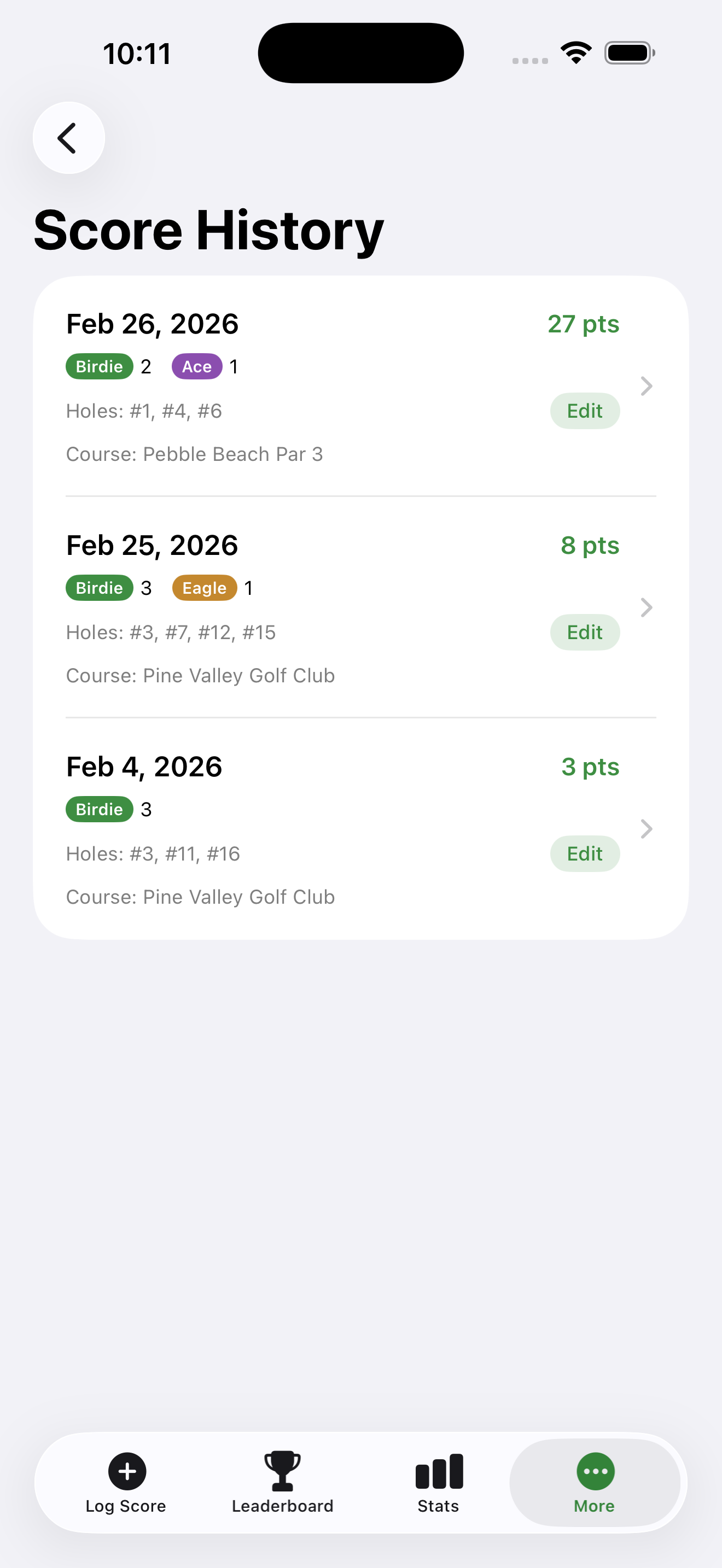 Score history showing past rounds with points earned